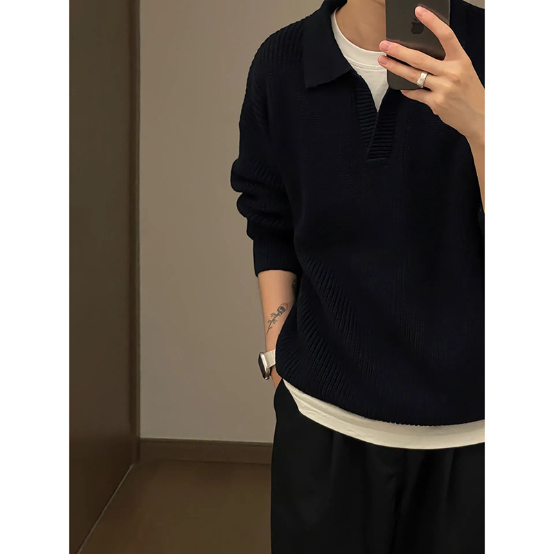 Pure Black V-neck Sweater Men's Autumn and Winter Korean Style Laid-back Style Polo Collar Sweater Long-sleeved cleanfit Jacket