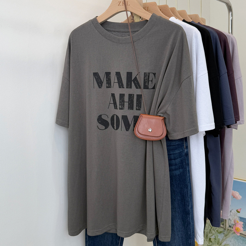 シャークパンツとミドル丈Tシャツを合わせてお尻をカバーする大きいバージョン半袖2025夏スノーフレークコットン通気性のある女性用ボトリングシャツ|undefined