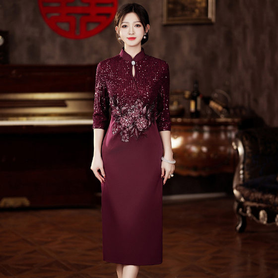New Chinese style improved cheongsam wedding banquet toast dress three-quarter sleeve wedding dress for mother-in-law dress mid-length