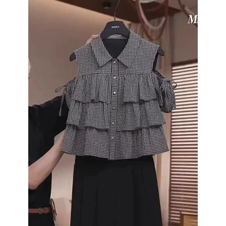 2026年夏季新款韩系短袖Polo领格子衬衫露肩荷叶边设计感露肩上衣