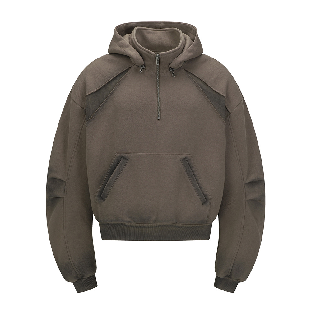 Wasteland Style Spray Paint Vintage Dirty Hoodie For Men With Detachable Hat Design Half-Zip Stand Collar Sweatshirt_voghion.com