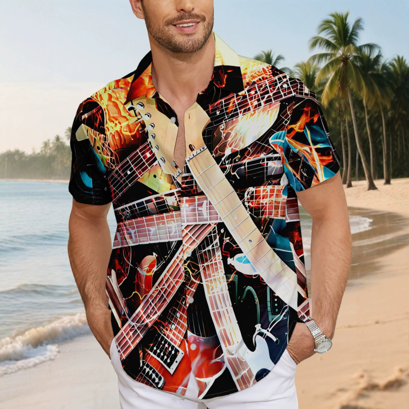 Summer Men's Flame Electric Guitar Full-Print Short-Sleeve Shirt, Rock Band Style Hawaiian Shirt, Loose Fit Summer Men's Flame Electric Guitar Full-Print Short-Sleeve Shirt, Rock Band Style Hawaiian Shirt, Loose Fit