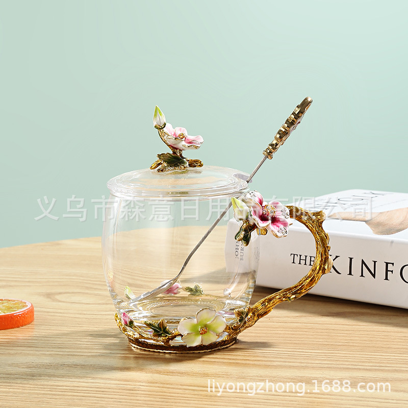 Esmalte taza de agua de color flor creativa taza de té taza de jugo taza de vidrio de cristal resistente al calor taza de café taza de pareja de gama alta regalo de la taza