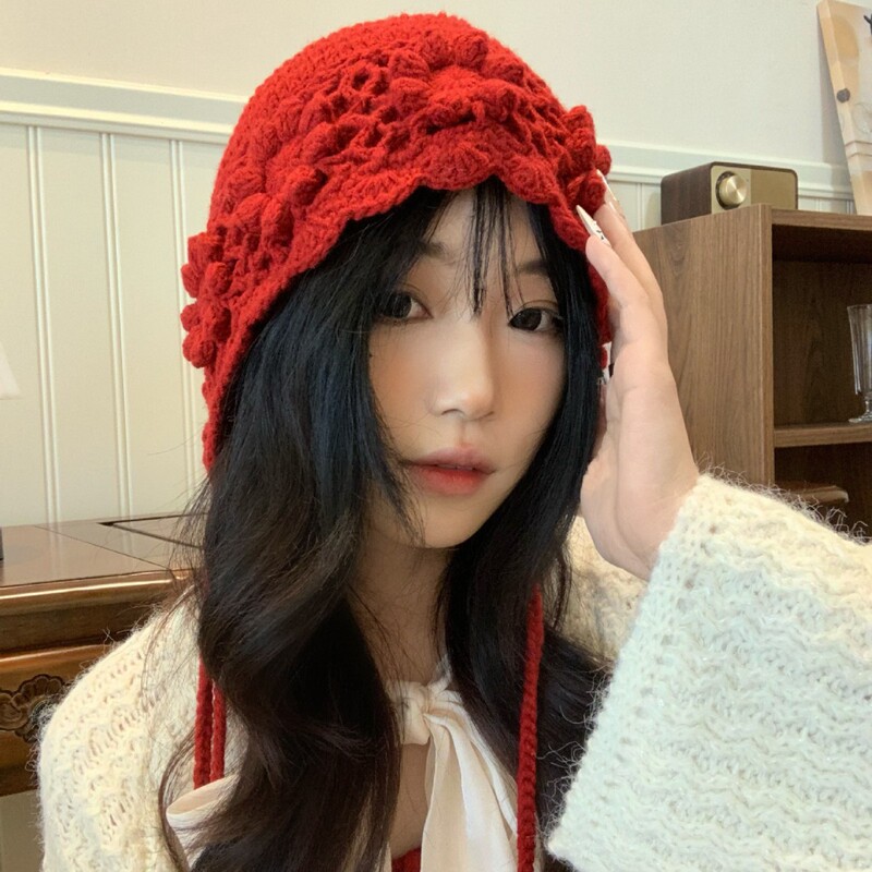 手工编织镂空花朵套头帽女秋冬双层保暖针织毛线帽民族风流苏帽子|undefined