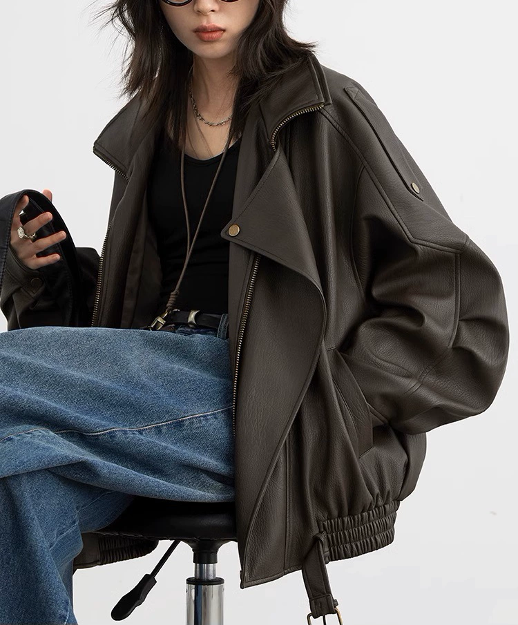 Retro polyurethane jacket, autumn, oversized fit, elastic hem, brown & black
