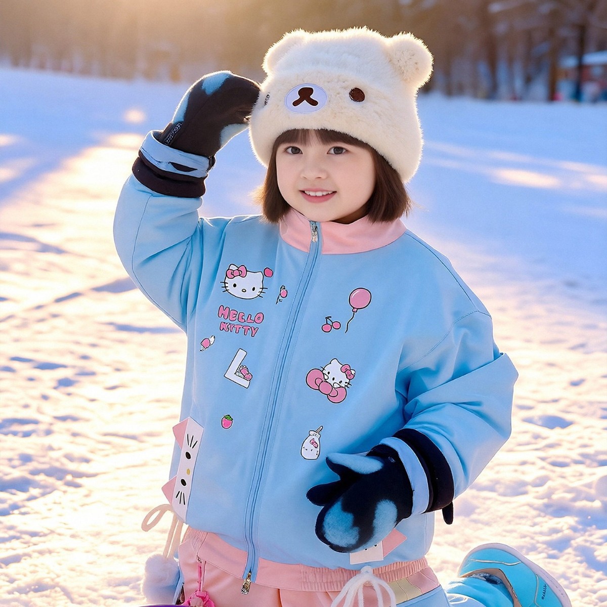 Ldab Kidsren's Ski Suit Set for Girls, Fleece-Lined and Warm, Kt Hello Kitty Single and Double Board Waterproof 3L Ski Equipment