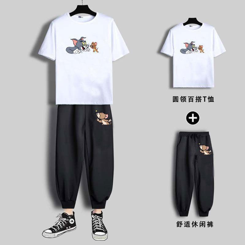 Top/Set New Style Cat and Mouse Short-sleeved T-shirt Male Student Korean Casual Cropped Sports Pants Set 12