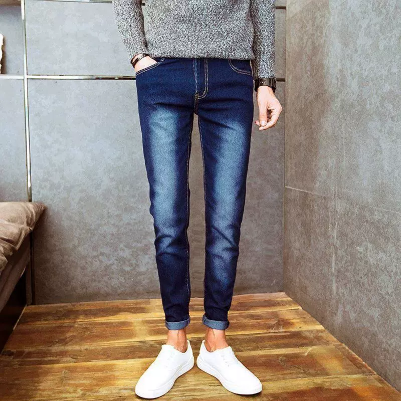 秋季男式牛仔裤男士青年韩版修身弹力小脚裤纯色直筒长裤一件代发