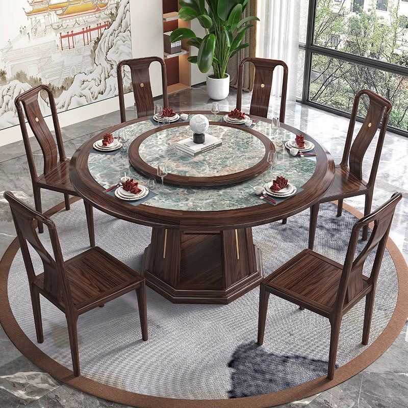 New Chinese Style Ebony Solid Wood Dining Table and Chair Combination Light Luxury Modern Slate Dining Round Table Home with Turntable Dining Table