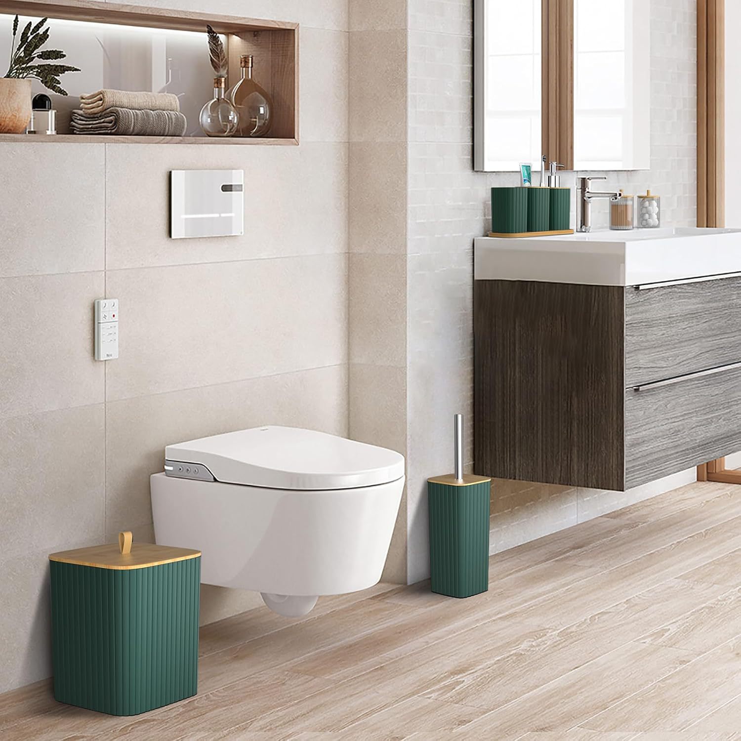 Yufei YUFE baño juego de 24 piezas con cortina de ducha tapete de piso juego de baño bote de basura de rayas cuadradas kit de venta caliente transfronterizo