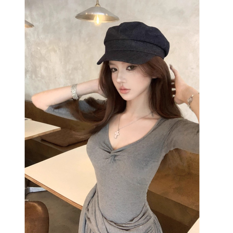 灰色扭结v领半袖连衣裙女夏季修身收腰休闲裙子设计感显瘦a字长裙|undefined