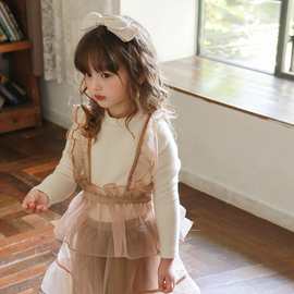 2024韩版时尚儿童女孩秋冬女童T恤 新款假两件蕾丝洋仙气毛绒上衣