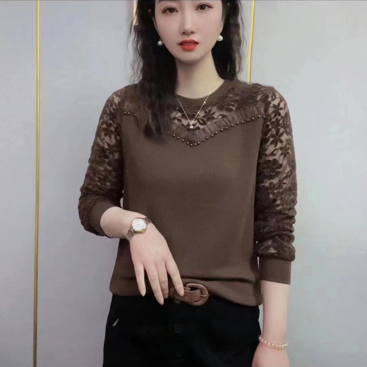 2024 spring new fashion mom Wear slimming lace hollow-out small shirt versatile round neck temperament bottoming shirt top