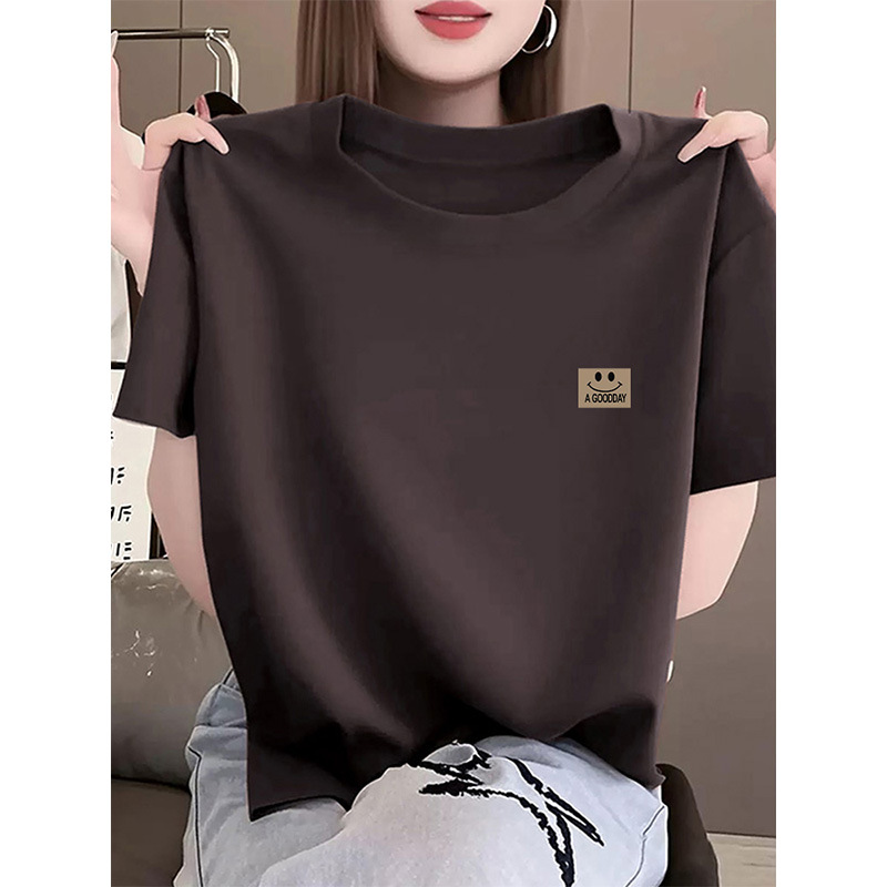 2026 New Style Right-Shoulder Round-Neck Pure Cotton Short-Sleeved T-Shirt for Women, Korean Style, Fashionable, Versatile, Stylish, Coffee-Colored Top for Summer