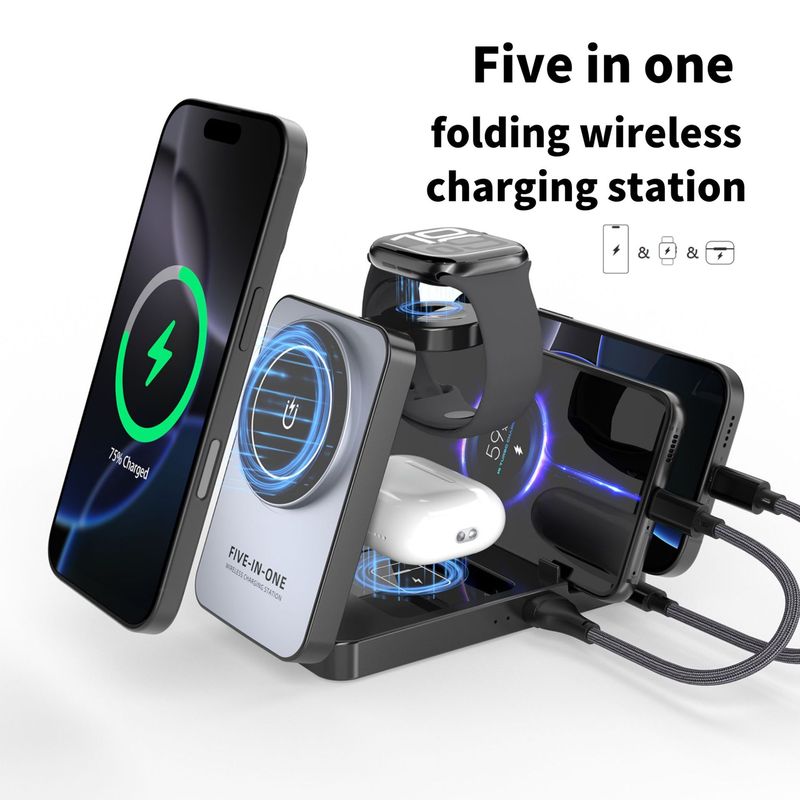 国境を越えた新製品折りたたみ磁気 5 イン 1 ワイヤレス充電器 USB18W 高速充電多機能携帯電話時計ホルダー|undefined