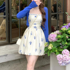 フランスの花のストラップのワンピースの女性の夏の2025年の新型の甘い年齢の青いカーディガンのコートの2つのセット