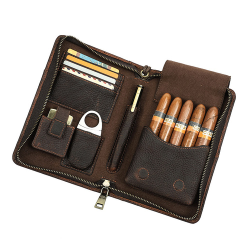 Wholesale genuine leather cigar box 5 pack with wrist zipper multifunctional travel convenient cigar box leather case