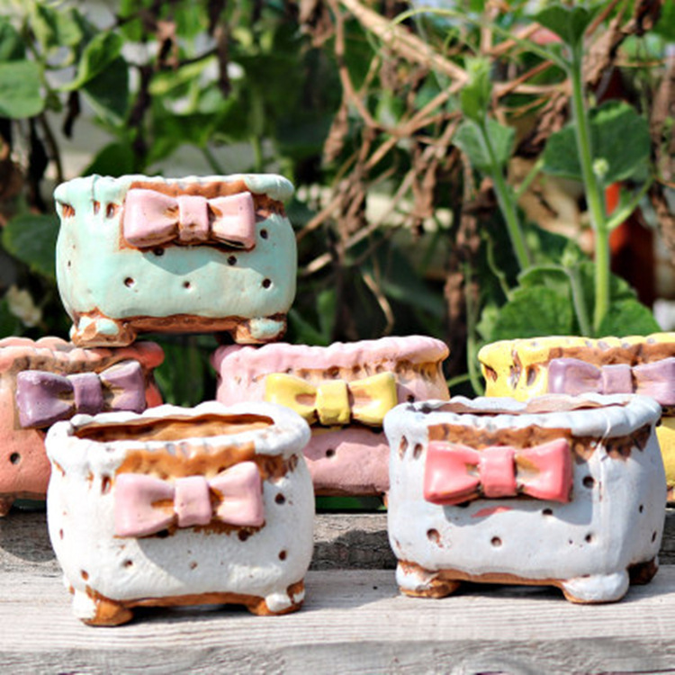 Creative Korean Painted Ceramic Fleshy Small Flower Pot Wholesale Korean Stereoscopic Bow Mini Flower Pot Ceramic Container
