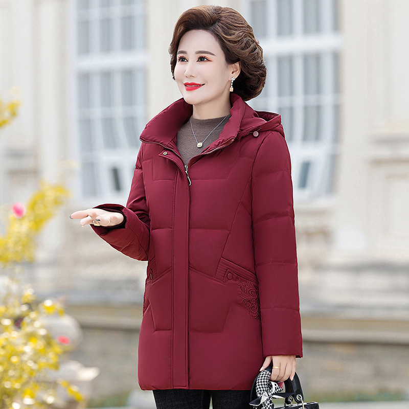 High-End down Jacket for Middle-Aged Mothers, Winter Warm White Duck Down, Elegant Mid-Length Thick Coat for Women