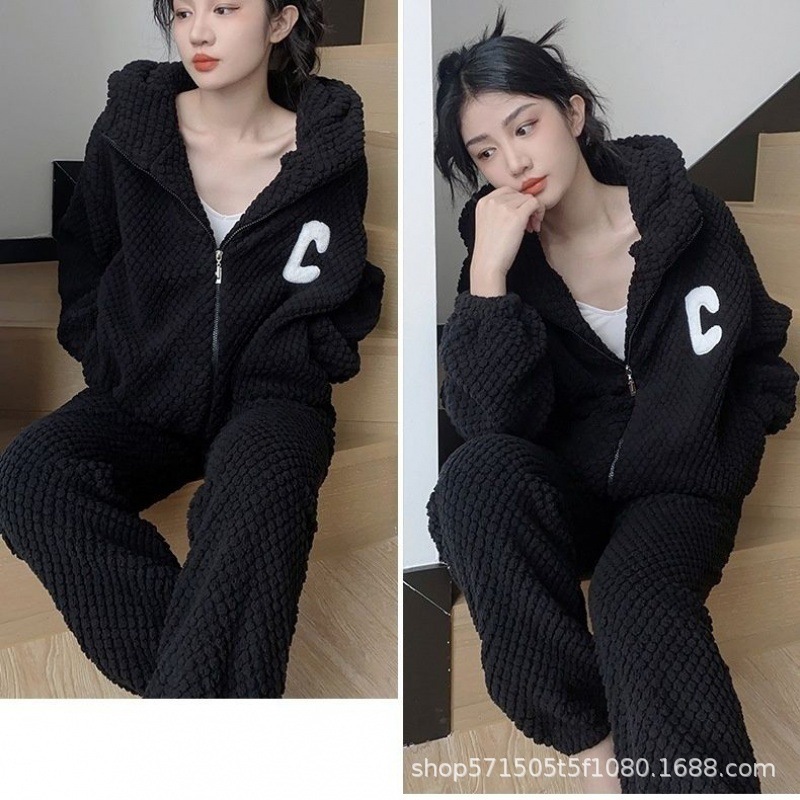 가을 겨울 커플 산호 벨벳 두꺼운 잠옷 인터넷 연예인 인기 빅 C 후드 지퍼 가디건 따뜻한 홈웨어 세트