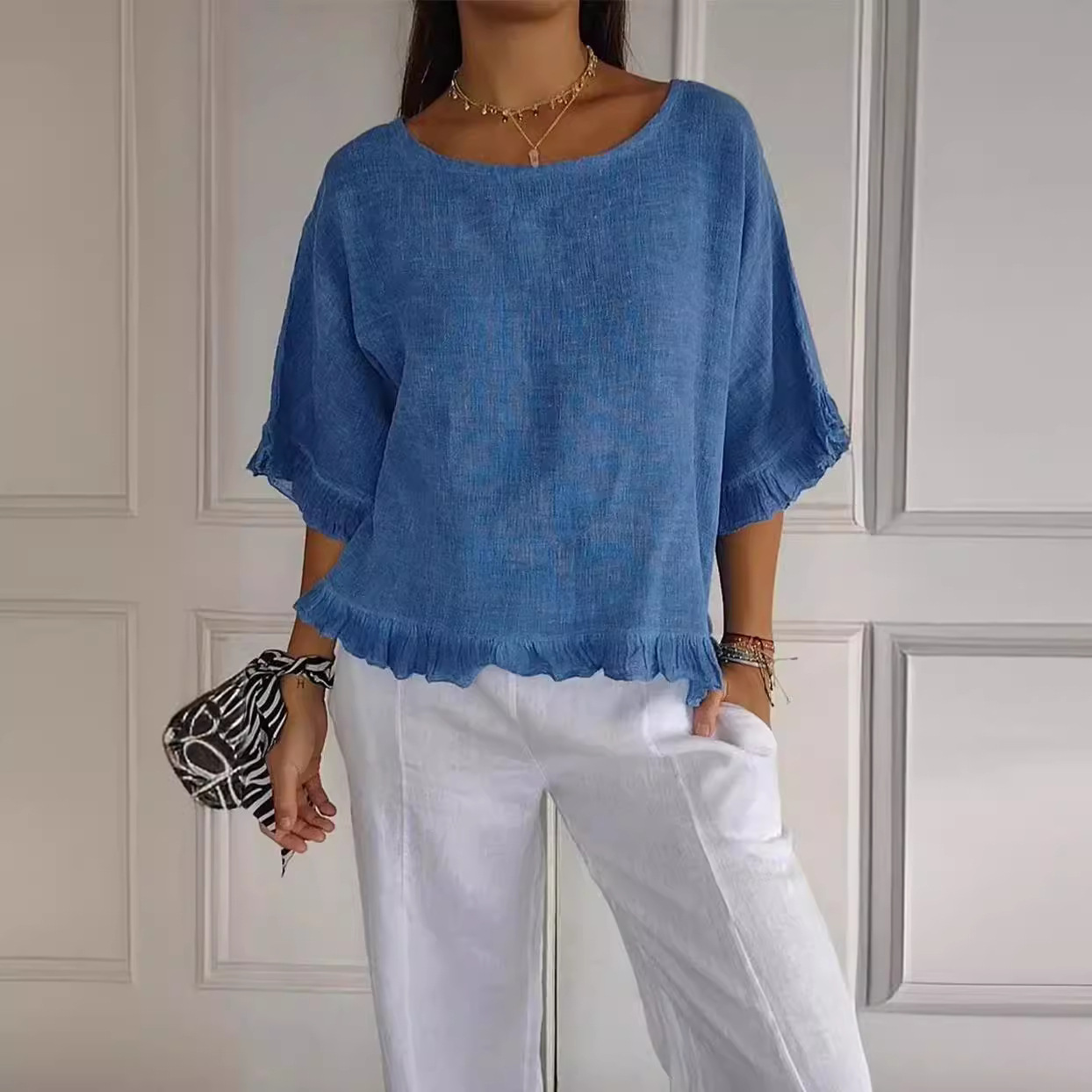 Women's Ruffled T-Shirt Casual Solid Color Short Sleeve Top For Summer New Arrival_voghion.com
