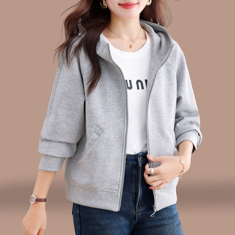 Gray Sweatshirt Jacket for Women 2026 New Style Spring and Autumn Petite Stylish Casual Hooded Loose Zip-Up Top Gray Sweatshirt Jacket for Women 2026 New Style Spring and Autumn Petite Stylish Casual Hooded Loose Zip-Up Top