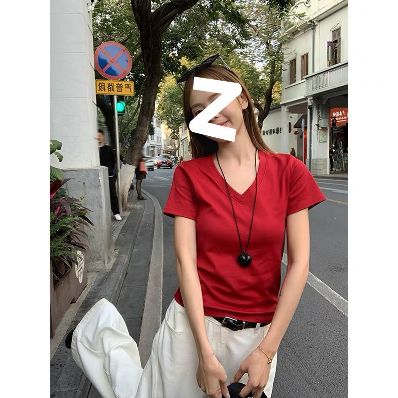 Right Shoulder V Neck Short-Sleeved T-Shirt for Women Summer Korean Style Pure Cotton Slightly Loose High-End Short T-Shirt Top