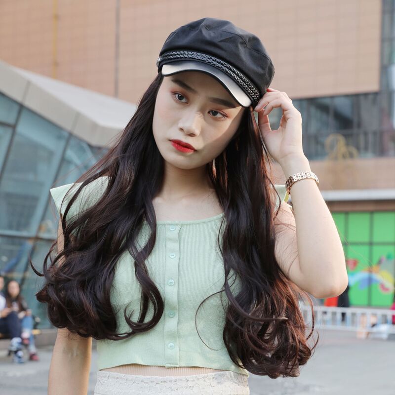 Foreign trade navy cap with integrated wavy synthetic hair wig for women, long wavy curly hair, high-temperature fiber, casual style Foreign trade navy cap with integrated wavy synthetic hair wig for women, long wavy curly hair, high-temperature fiber, casual style