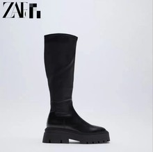 ZA 2021年冬季新款長簡靴女鞋黑色牛皮革波浪厚底底高筒皮靴
