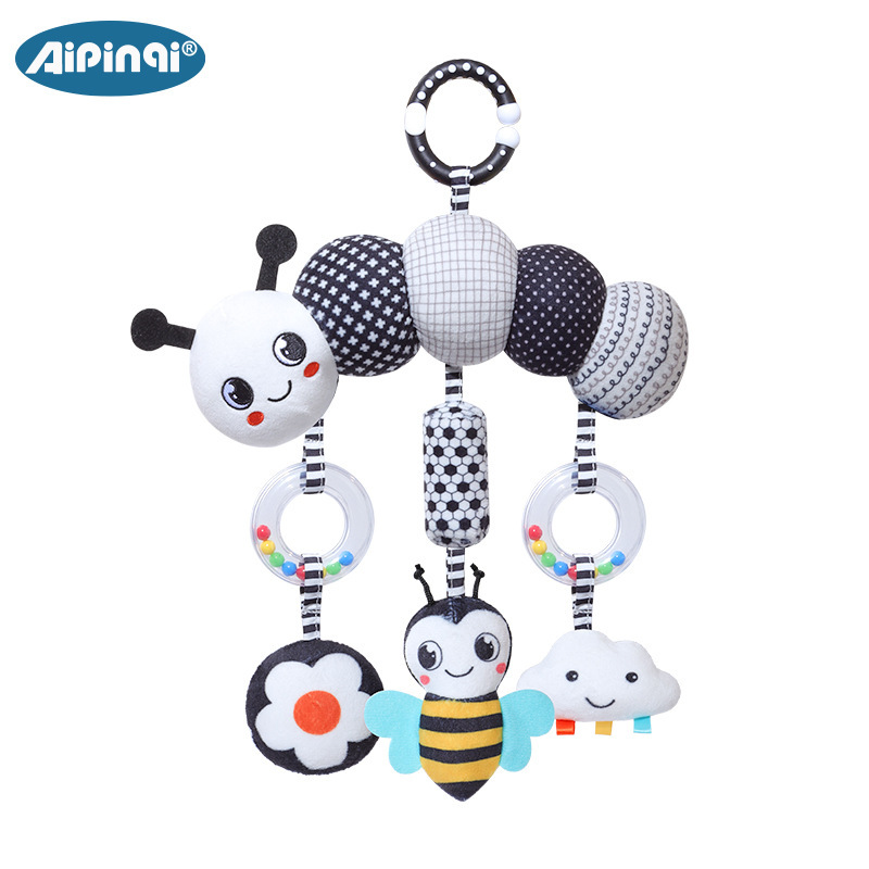Aipinqi nuevo blanco y negro animal campana cama de viento colgar 0 - 3 años coche de bebé colgar campana de educación temprana juguetes de peluche
