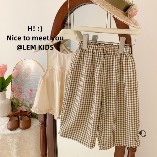Korean Children's Summer  New Girls' Stylish Lace Camisole Dress Top and 8-Piece Grid Pants Two-Piece Set