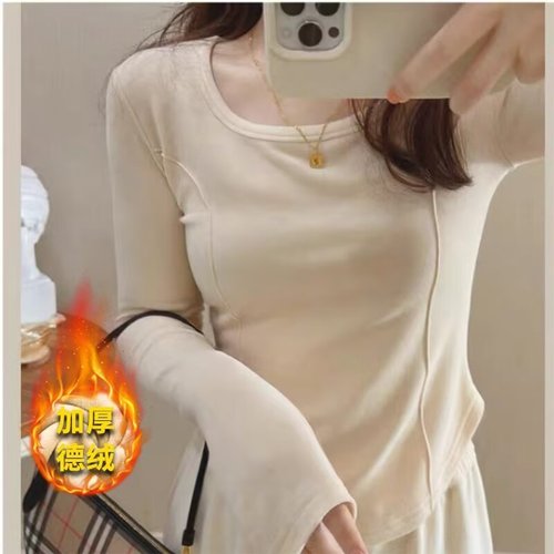 Women's Solid-Color Square-Neck Fleece Base Layer Top with Irregular Hem, Slim-Fit & Sweet-Chic Design—Trendy Long-Sleeve Autumn/Winter Innerwear
