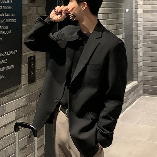 7045555501<2 QFV507045555501<2 Giacca casual da uomo in stile coreano Dongdaemun, abito alla moda, autunno, blazer singolo nero ampio_voghion.com