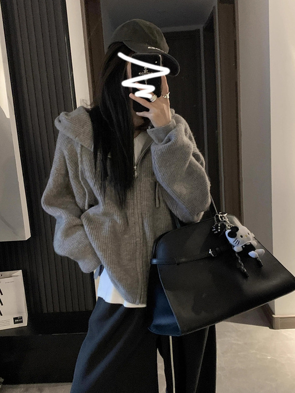 韩系宽松连帽拉链开衫秋冬毛衣女2025新款慵懒高级感针织卫衣外套|undefined