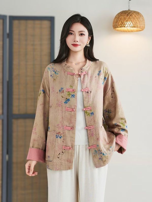2025秋季新款拼色印花衬衫开衫 休闲上衣文艺复古棉纱外套女|undefined