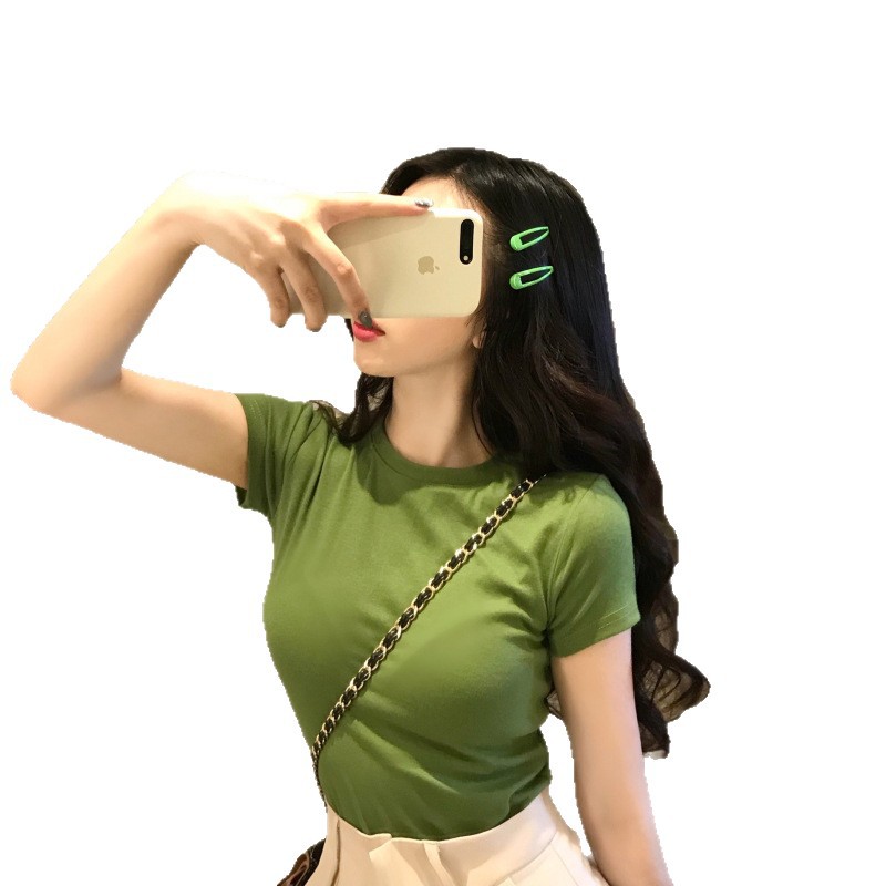 Camiseta verde aguacate de manga corta para mujer, estilo coreano, ajustada, color liso, novedad de verano 2026, top verde matcha, venta al por mayor image 6