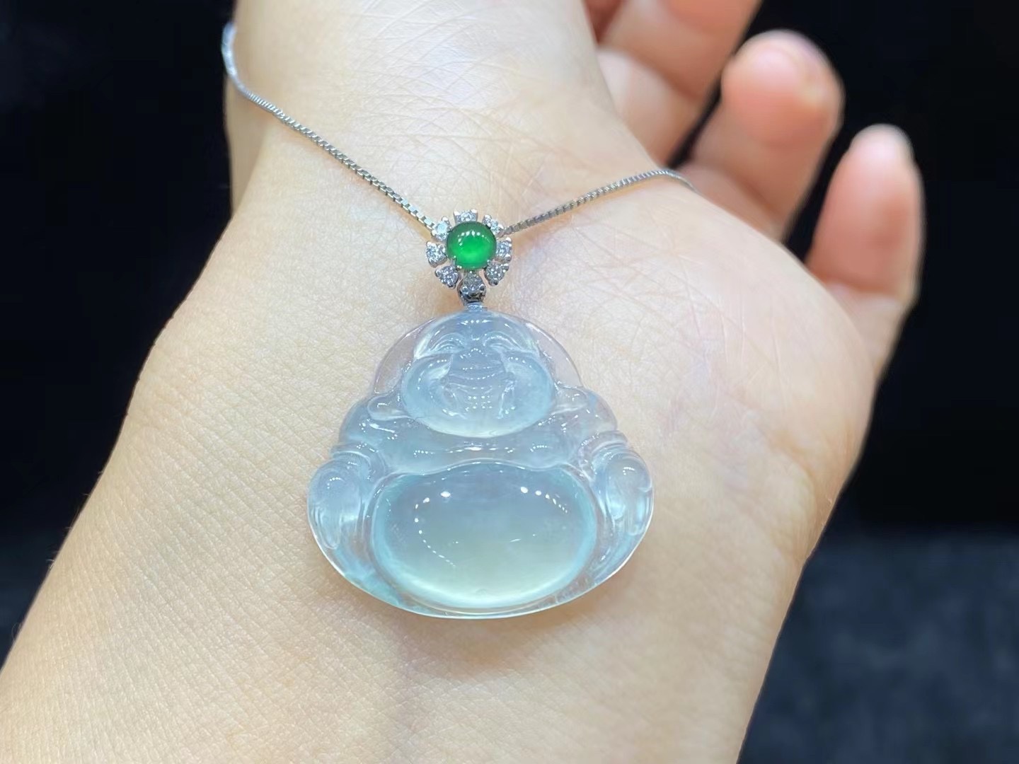 Myanmar Natural A Jade Ice Pendant 18k Gold Button Head Inlaid with Jade Buddha Maitreya Buddha Big Belly Buddha Women