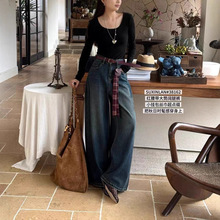 SUXINLAN素心兰38162高腰阔腿牛仔裤女2025秋韩版宽松垂感大筒裤