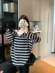 2025新款慵懒风撞色条纹气质宽松长袖T恤女秋季显瘦百搭休闲上衣