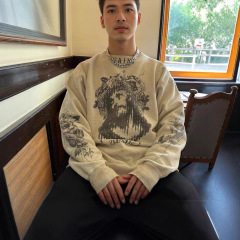 Saint Michael 人像涂鸦印花破坏套头衫男女水洗做旧宽松圆领卫衣