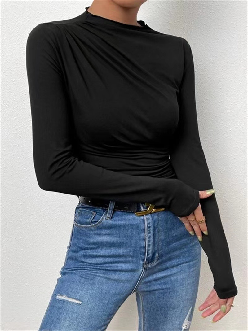 Women's Slim Fit Long Sleeve T-shirt With Round Neck Solid Colour_voghion.com