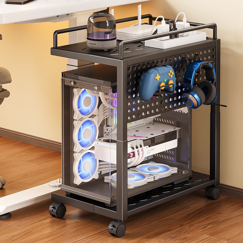 Computer Host Stand Bracket Box Base with Wheels, Movable Storage Rack for Home Desktop Office Tray