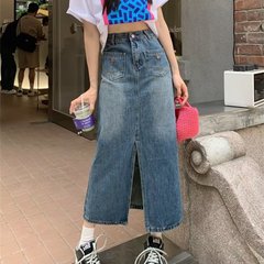 レトロな腰の高いデニムのスカートの女性の朝と秋の小さい子の新型のまっすぐな筒の修身はやせていることが見えます。