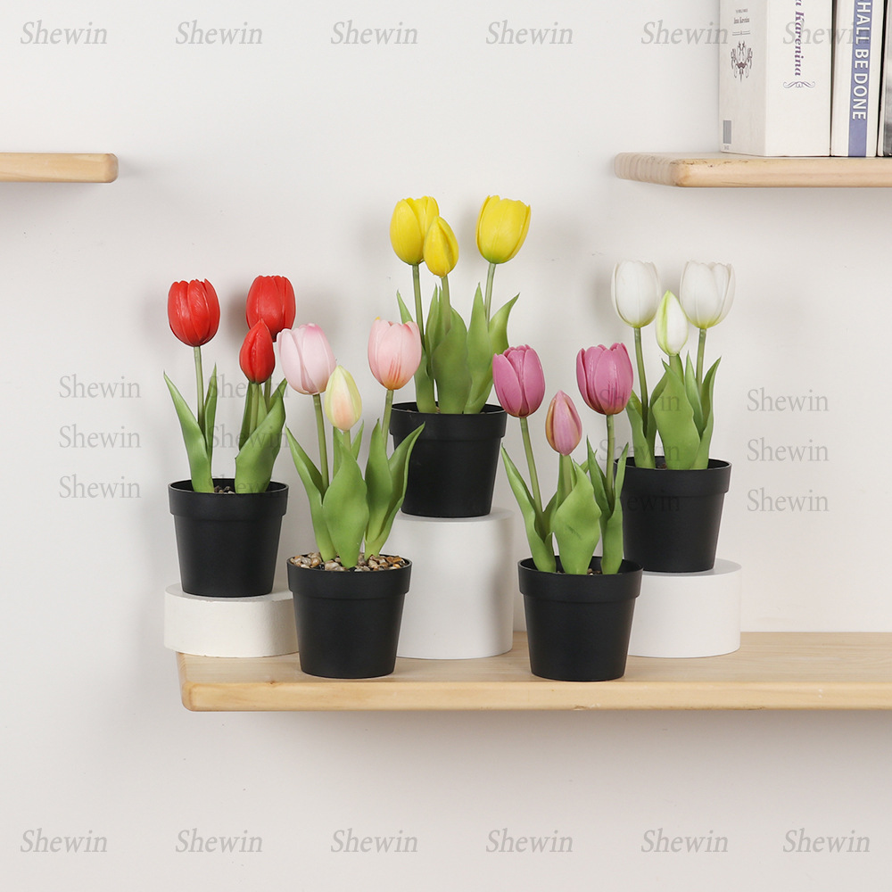 Planta Artificial de Tulipán en Maceta de Plástico de 3 Cabezas, PVC Blando, Tacto Real para Decoración del Hogar y Mesa