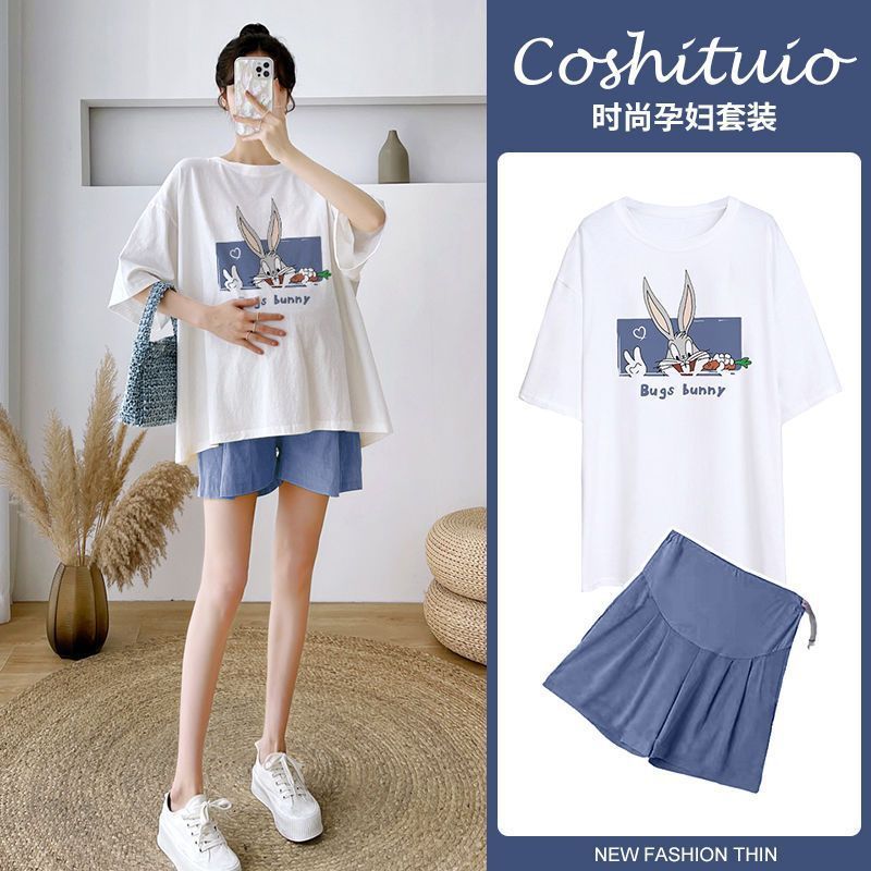 Summer Outfit Pregnant Women Two-Piece Fashionable Trendy Mom Cute Cartoon Printed Belly Covering Top Maternity Summer suit