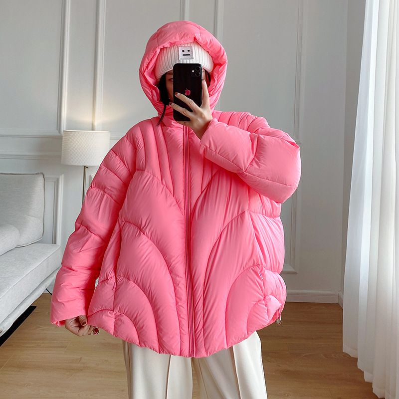 Clearance Sale: Thickened White Duck down Cape Puffer Jacket for Women, Short Hooded Cocoon-Shaped Warm Coat