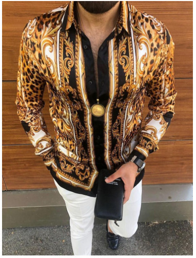 Ropa de hombre europea y americana de comercio exterior nueva personalidad casual de otoño camisa impresa de manga larga de los hombres de moda más camisa de tamaño