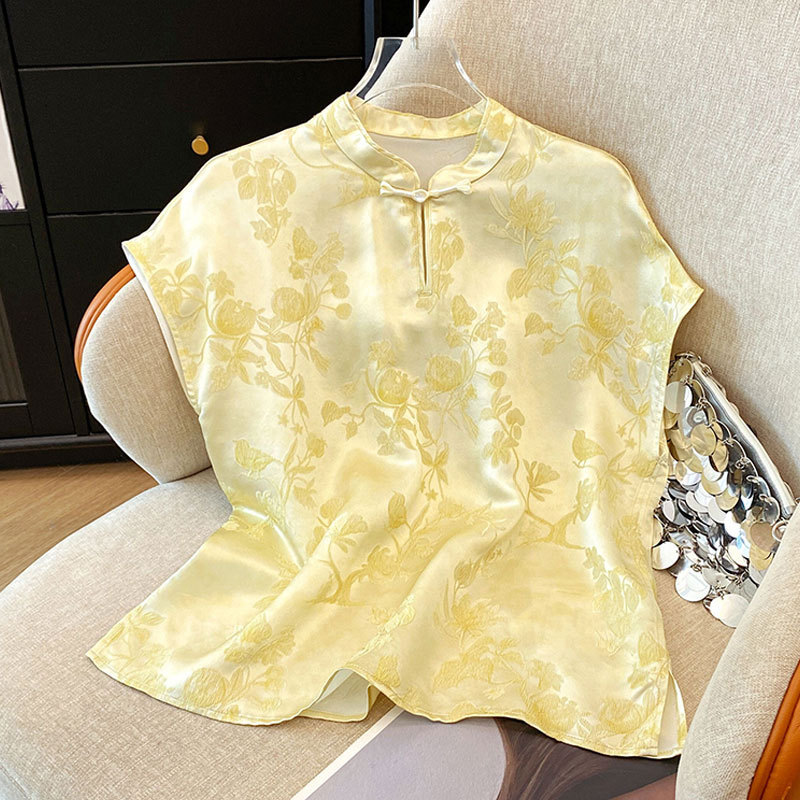 Chinese Style Silk Top for Women Summer New Chinese Style Satin Jacquard Stand Collar Shirt Retro Buckle Mulberry Silk Sleeveless Shirt