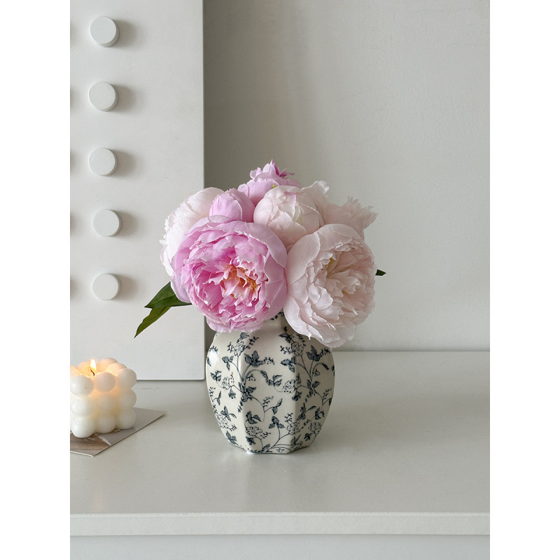 Nuevo jarrón de cerámica azul china nueva decoración de estilo chino sala de estar floral decoración de vestíbulo de estilo antiguo peonía floral