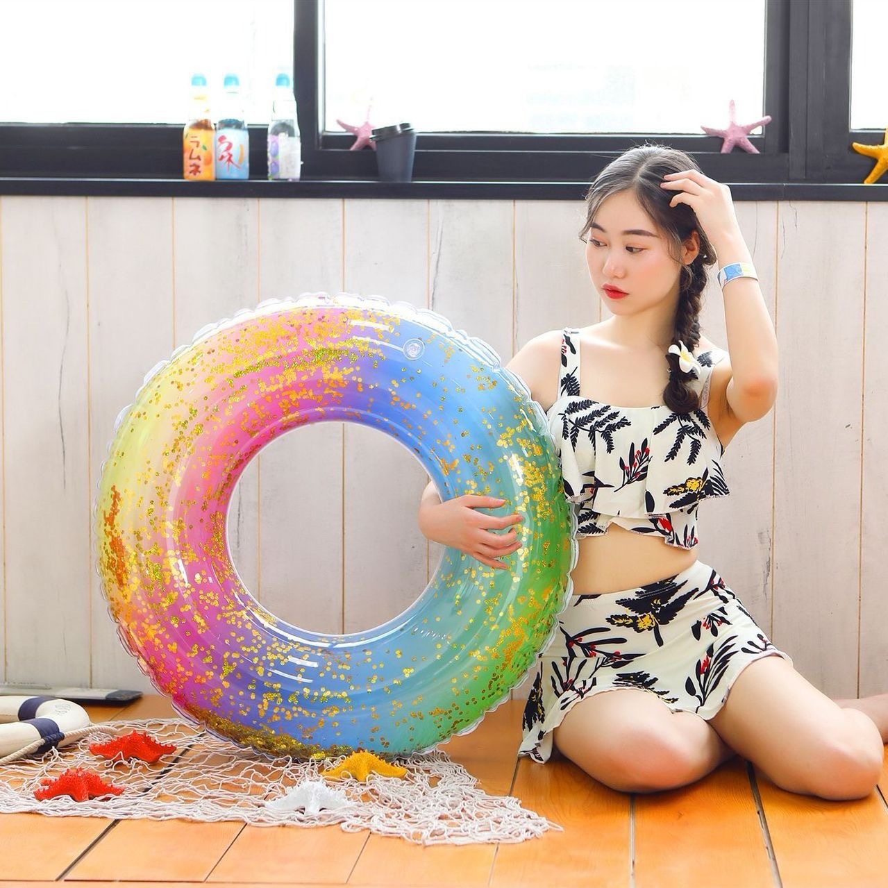 inflatable rainbow swimming ring PVC for children and adults